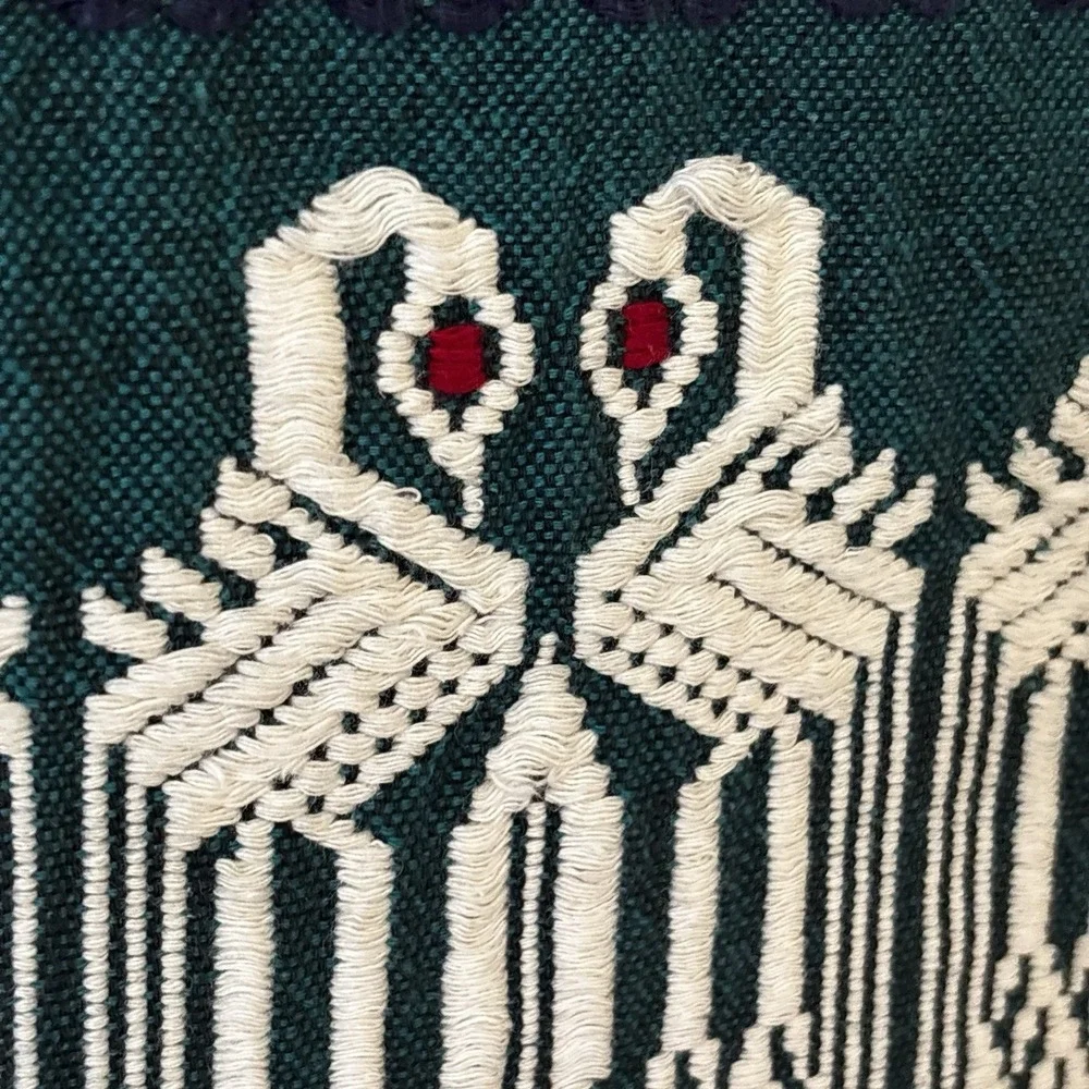 Antique Handwoven Textile Wall Hanging Fringes Swans Geometric Green